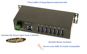 USB 3.0 7-Port Industrial Hub Metal Case Din-Rail GL Chip 1.5Amp Output