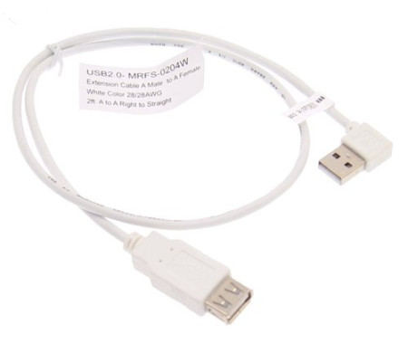 2ft. White USB 2.0 Extension Cable A male Right Angle to A Female